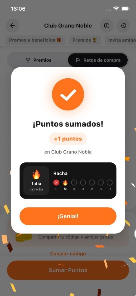 Confirmación de puntos sumados con la racha del cliente